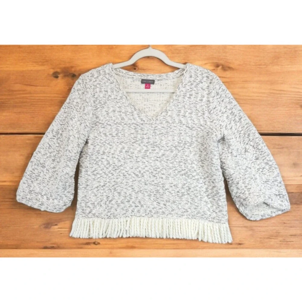 Vince Camuto Fringe‎ Trim Textured Sweater Women XS V Neck White Black Cozy Knit